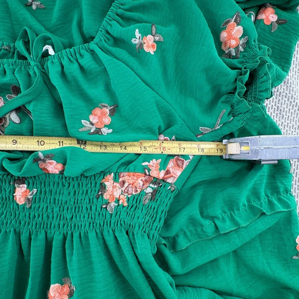 Anthropologie Kindred Green Floral Embroidered Smocked Tiered Maxi Dress Size M - Picture 6 of 10